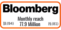 Bloomberg logo with details of its monthly reach of 77.9 million users, DA 94, and PA 81.